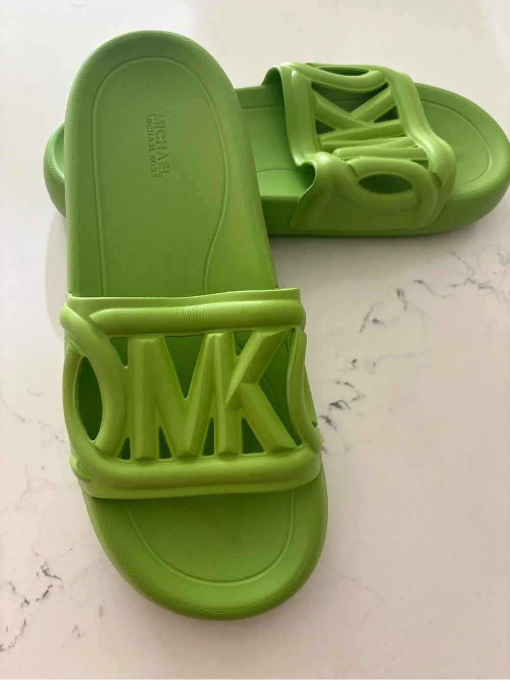 New Michael Kors Lime Green MK Logo Slide Sandals